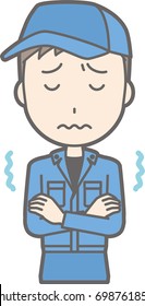 Illustration that a man wearing work clothes is cold and trembling