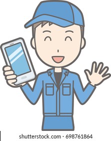 Illustration that a man wearing work clothes is smiling with a smartphone