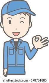 Illustration that a man wearing work clothes is doing an okay sign