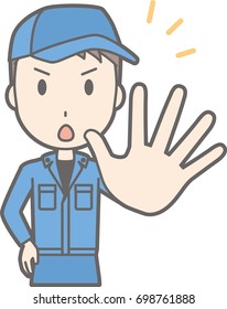 Illustration that a man wearing work clothes has one hand open