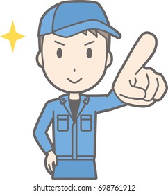 Illustration that a man wearing work clothes points towards the front