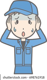 Illustration that a man wearing work clothes is scared.