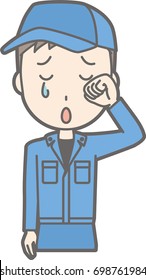 Illustration that a man wearing work clothes is crying