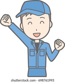 Illustration that a man wearing work clothes raises one hand and is laughing