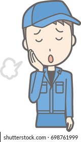 Illustration that a man wearing work clothes is sighing