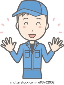 Illustration that a man wearing work clothes opens her hand and is laughing