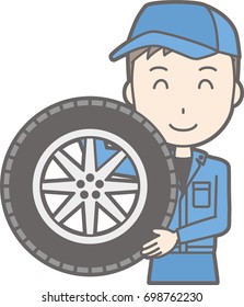 Illustration that a man wearing work clothes has a tire