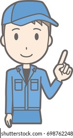 Illustration that a man wearing work clothes points at a finger
