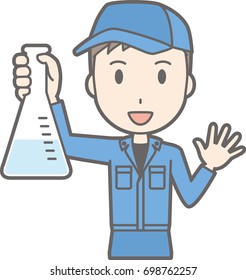 Illustration that a man wearing work clothes has a flask