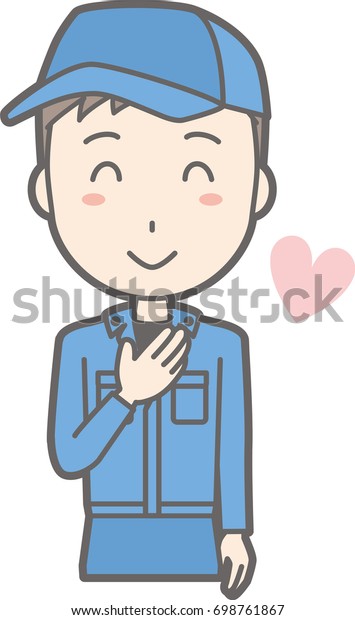 Illustration that a man wearing a work clothes\
laughing with a hand on his\
chest
