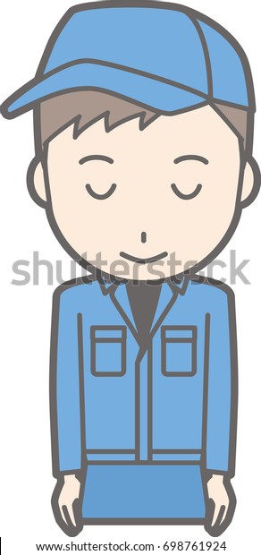 Illustration that a man wearing work clothes smiles\
with a bow