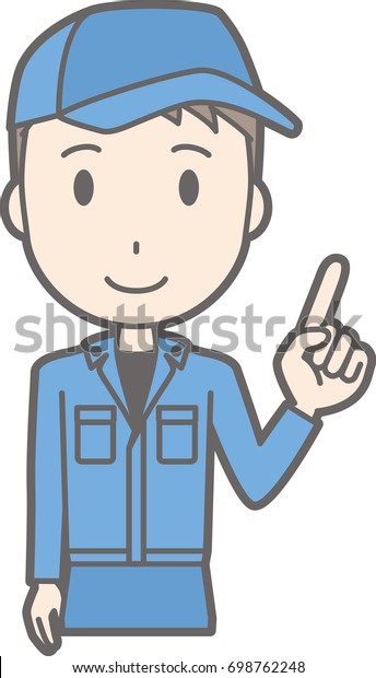 Illustration that a man wearing work clothes\
points at a\
finger
