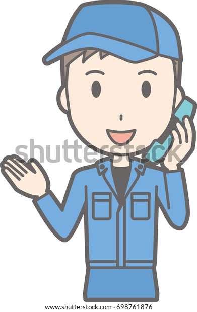 Illustration that men wearing work clothes are\
talking on the\
phone