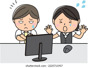 Illustration that men and women in front of a computer monitor are in trouble