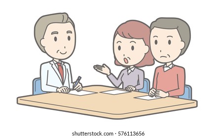 Illustration that middle-aged couple receiving counseling by a male doctor