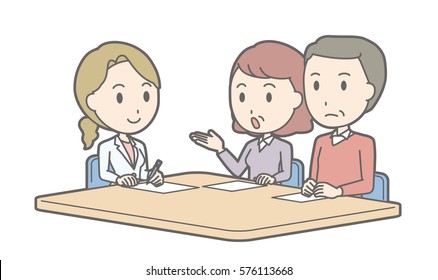 Illustration that middle-aged couple receiving counseling by a female doctor