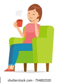 Illustration that mum wearing short-sleeved clothes sits on the sofa and drinks coffee