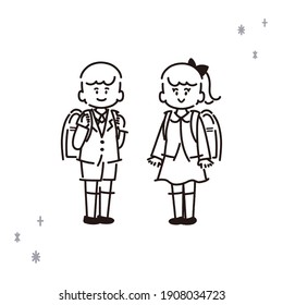 It is an illustration that a new first grader is lined up. In the line drawing, there is no fill part. Vector.