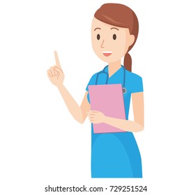 Illustration that a nurse wearing a blue scrub is pointing at a finger