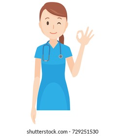 Illustration that a nurse wearing a blue scrub is doing an okay sign