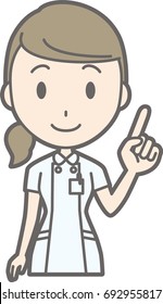 Illustration that a nurse wearing a white suit is pointing at a finger