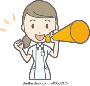 Illustration that a nurse wearing a white suit has a megaphone