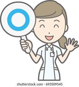 Illustration that a nurse wearing a white suit has a circle's mark