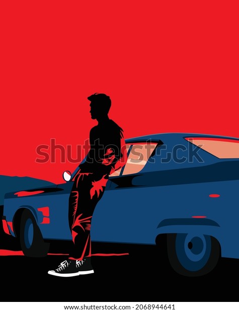 An illustration that perfectly\
describes the spirit of summer, sunset, travel, car and\
freedom
