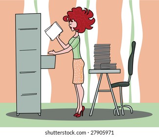 Illustration that represents a young secretary intent to file documents