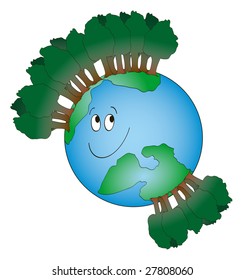 Illustration that shows our planet happy because it is covered with green forests