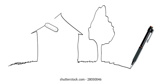 Illustration that shows a picture while it is created and modified with rubber and pencil