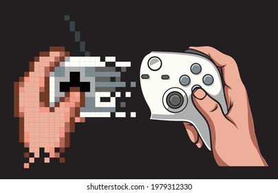 illustration that shows Transformation of  video game era from 8 bit to HD - vector