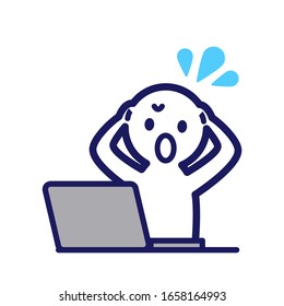 Ilustración de que un simple ser humano deformado usando una computadora personal es apresurado y confuso