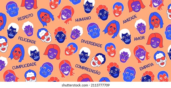 Illustration that symbolizes the diversity in Brazilian Portuguese.Translation - Respect, human, friendship, happiness, diversity, love, complicity, understanding, empathy.