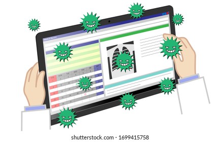 Illustration That The Tablet Displaying The Electronic Medical Record Is Contaminated With Viruses And Bacteria