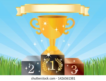 Illustration that victory cup shines in the blue sky and grass