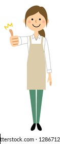 It is an illustration that a woman wearing an apron will thumb up.