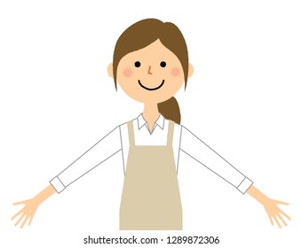 It is an illustration that a woman wearing an apron spreads both hands.