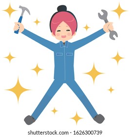 Illustration that a woman wearing work clothes has a hammer and a wrench