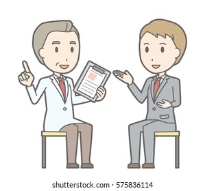 Illustration that a young businessman consults a doctor