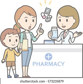 Illustration that a young mother consulting a female pharmacist