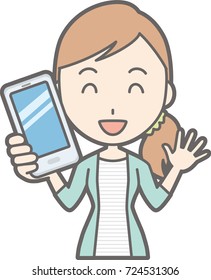 Illustration that a young woman in striped clothes has a smartphone