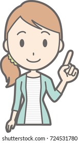 Illustration that a young woman in striped clothes is pointing at a finger