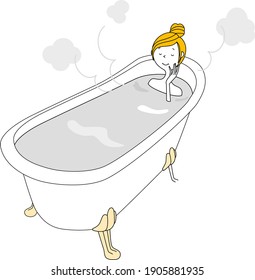 It is an illustration that a young woman is taking a bath.