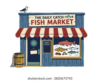 An illustration of 'The Daily Catch Fish Market' with a red and white striped awning, fresh fish display, and a seagull on the roof.