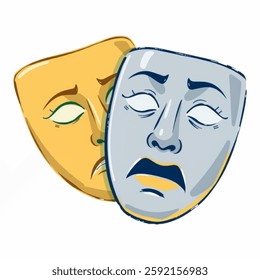 Illustration of a Theater Mask Representing Performing Arts Isolated on White Background. Classic Comedy and Tragedy Theater Mask, Minimalist Gold and Silver Theater Mask Vector