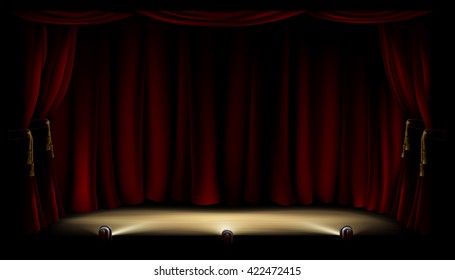 An illustration of a theatre or theater stage with footlights and red curtain backdrop