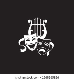 illustration of theatrical masks and lyre isolated on black background