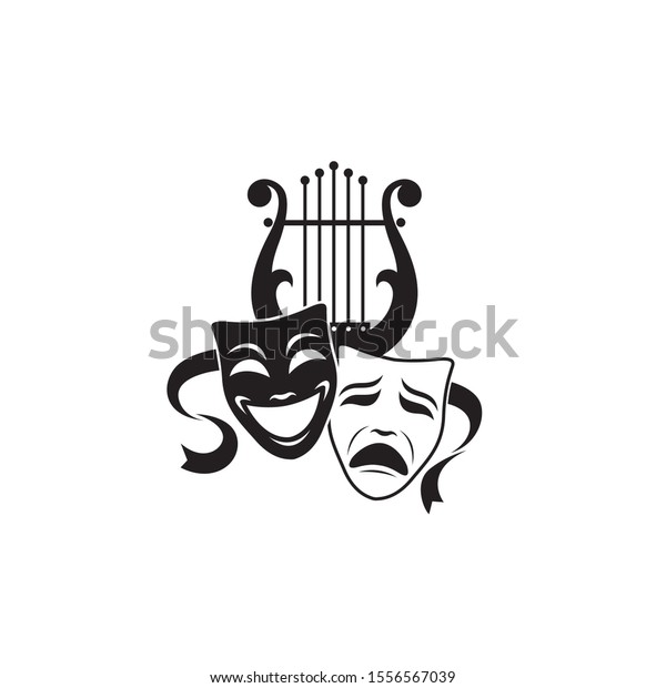 illustration of theatrical masks and lyre\
isolated on white\
background