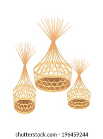 An Illustration Thee Beautiful Brown Handicraft Bamboo Wicker Basket Isolated on A White Background. 